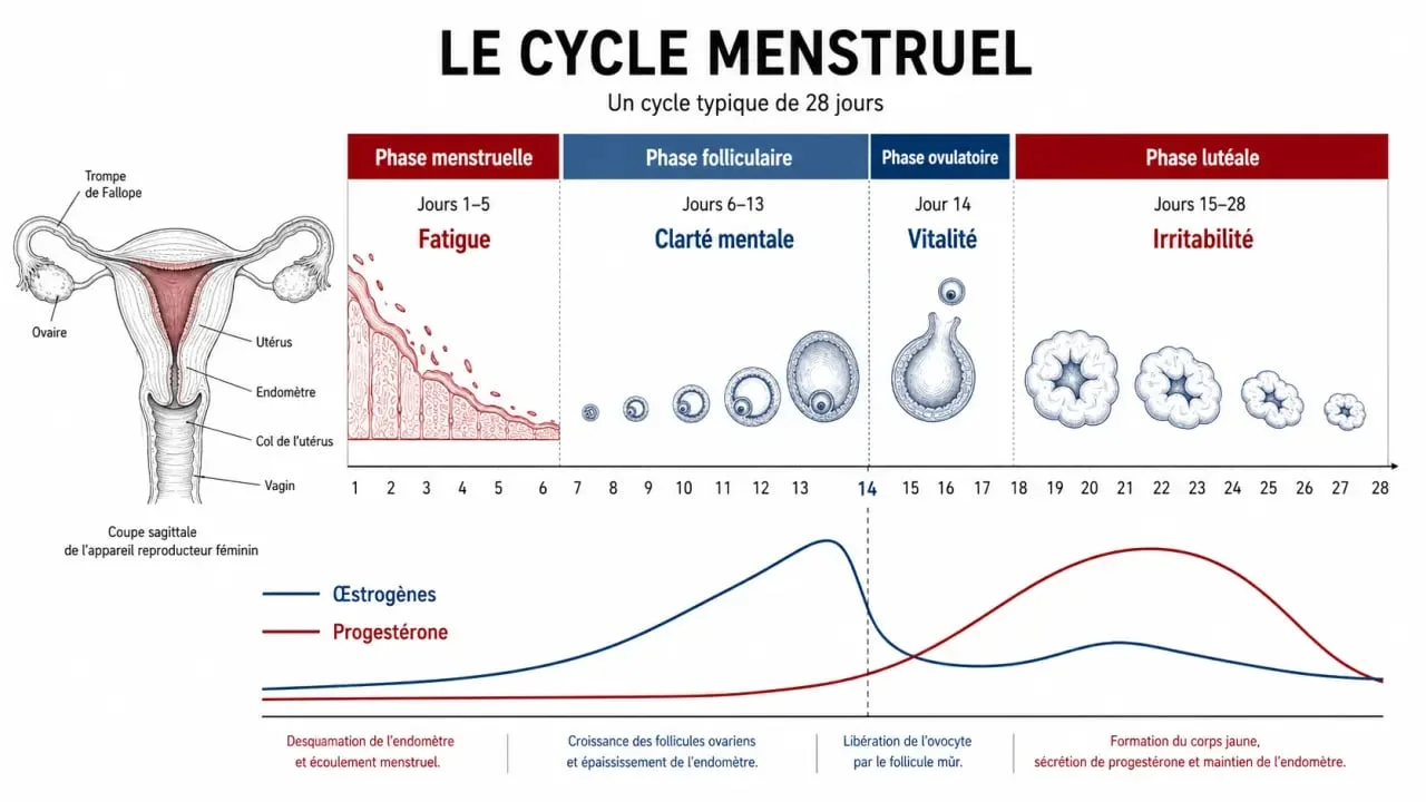 ciclo menstrual fases emocionales : schéma des quatre phases du cycle, des hormones et des émotions associées