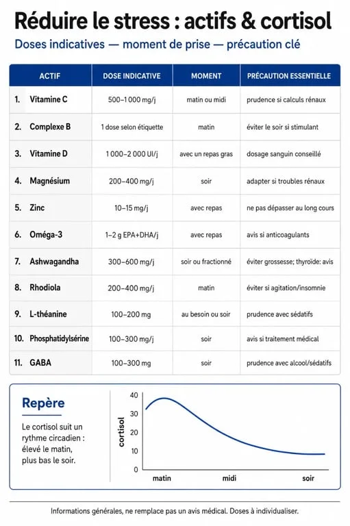 Infographie sur les vitaminas para bajar el cortisol avec doses, moment de prise et précautions