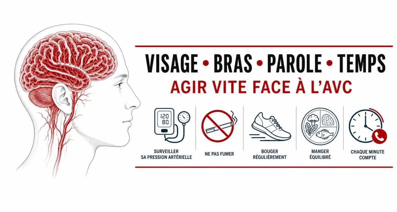Como prevenir un ictus: visual editorial con la regla FAST y factores de riesgo