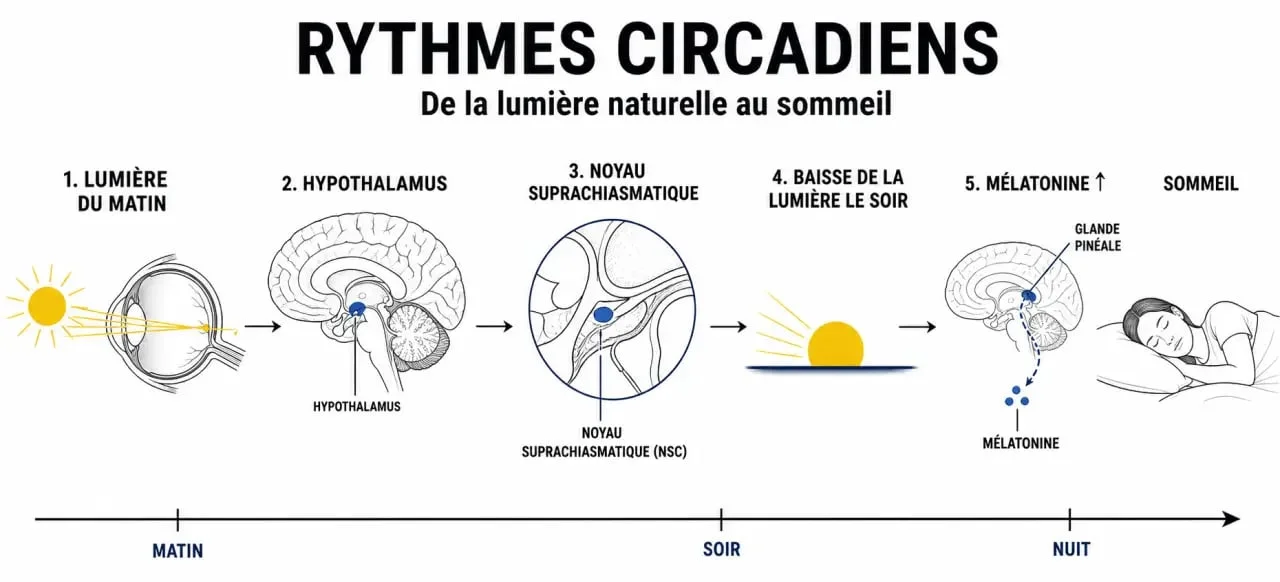 Ritmos circadianos explicados con un esquema del ciclo luz-melatonina-sueño