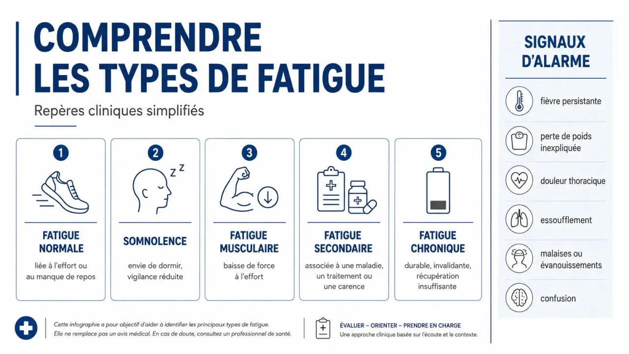 Infografía sobre síntomas agotamiento físico, con comparación de tipos de fatiga y señales de alarma